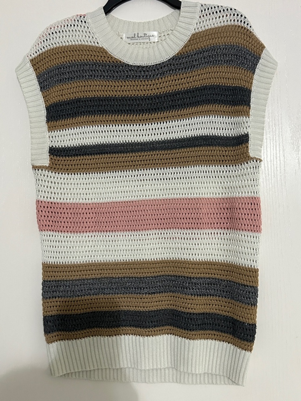 MOD Boutique Open-Knit Striped Tank in Cream, Tan & Dusty Pink